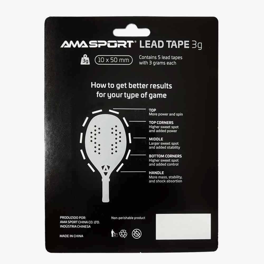 Adesivo de chumbo AMA Sport 3g pack com 5 unidades para customização de raquetes verso da embalagem.