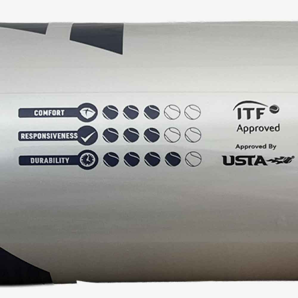 Detalhes das características da bola de tênis Babolat Gold Championship e selo de aprovação ITF e USTA