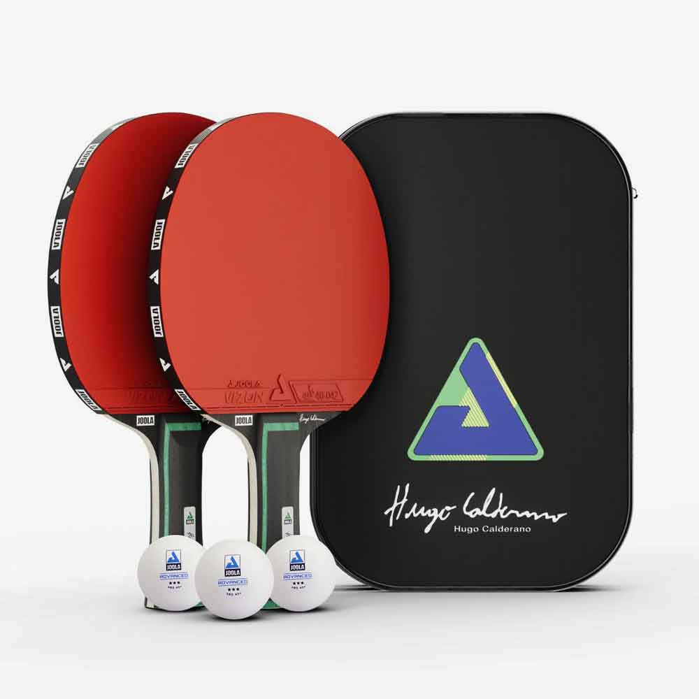 Kit Tênis de Mesa Joola Duo Pro Hugo Calderano completo com raquetes, bolas e capa.