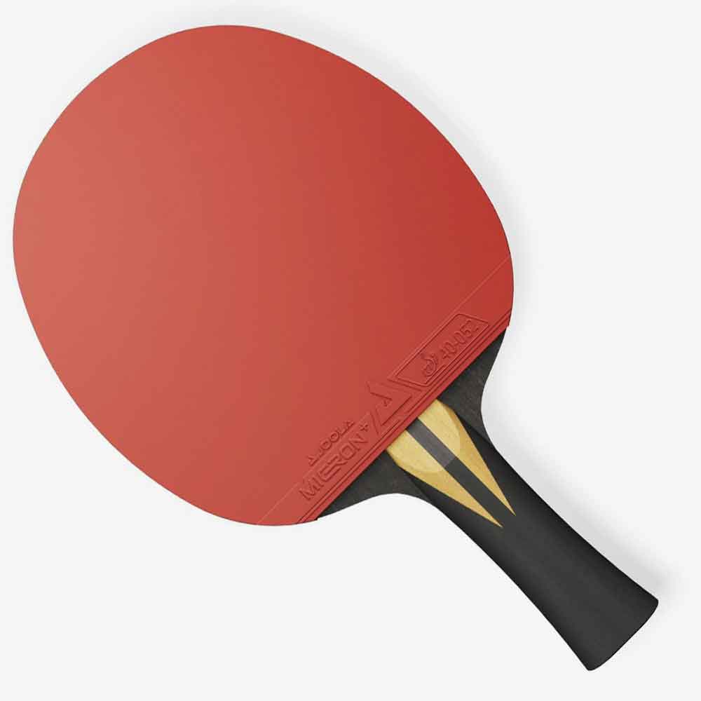 Detalhe face e cabo da raquete de Tênis de Mesa Joola Infinity Carbon Hugo Calderano, borracha vermelha.