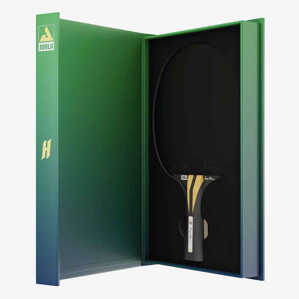 Embalagem de luxo Raquete de tênis de mesa Joola Infinity Carbon Hugo Calderano fechamento magnético.