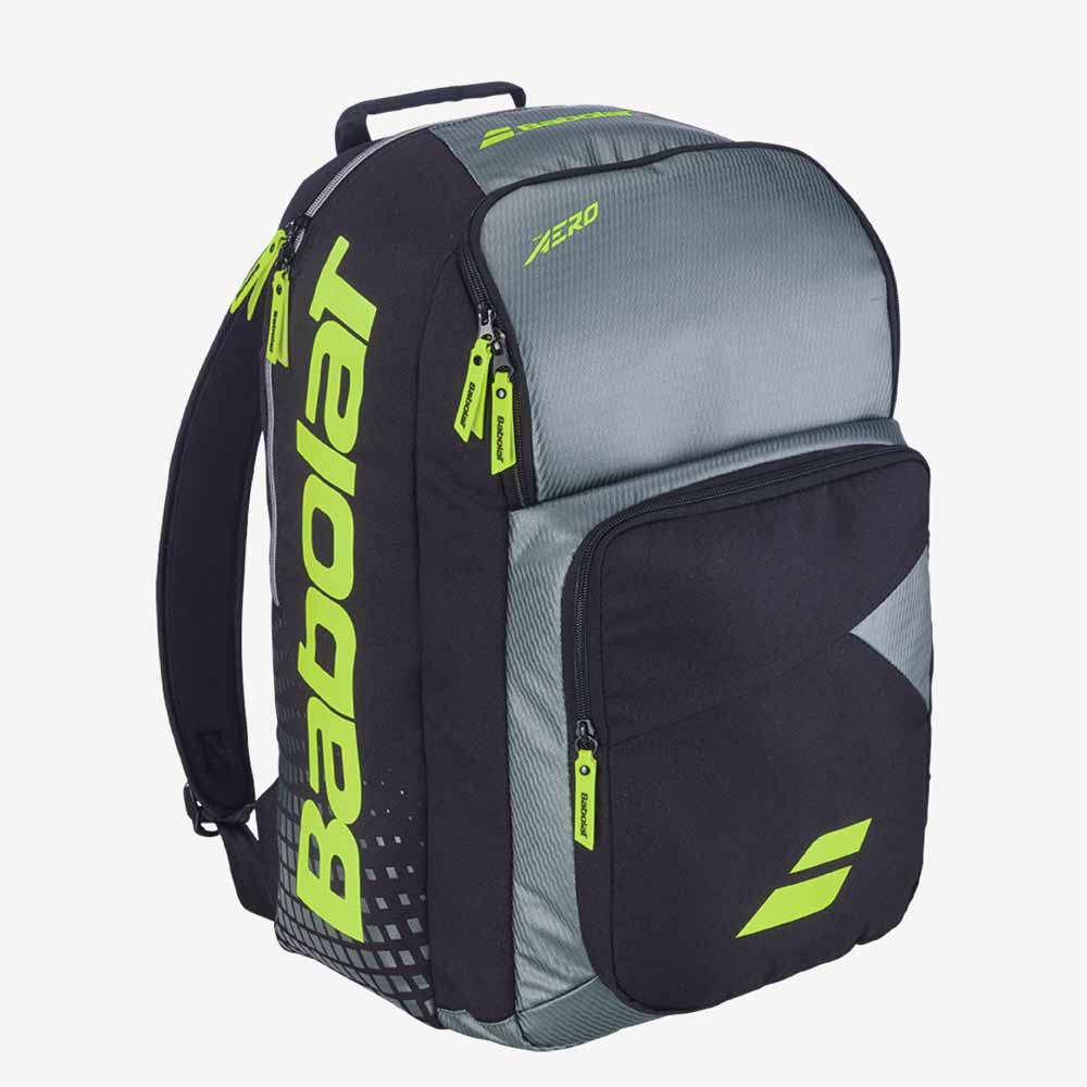 Mochila de Tênis Babolat Backpack Pure Aero mostrando compartimento frontal, vista lateral 3/4.