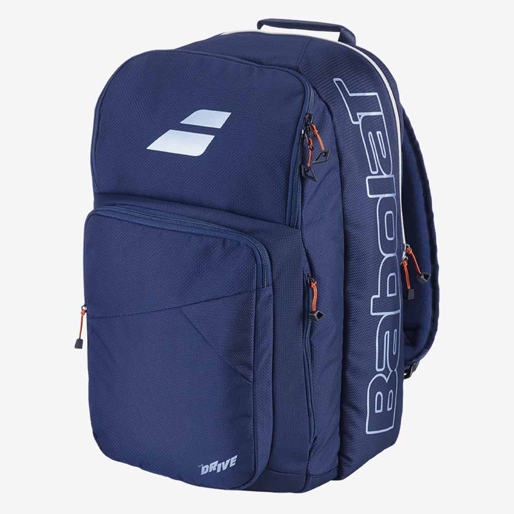Vista lateral 3/4 da Mochila Babolat Backpack Pure Drive azul marinho.