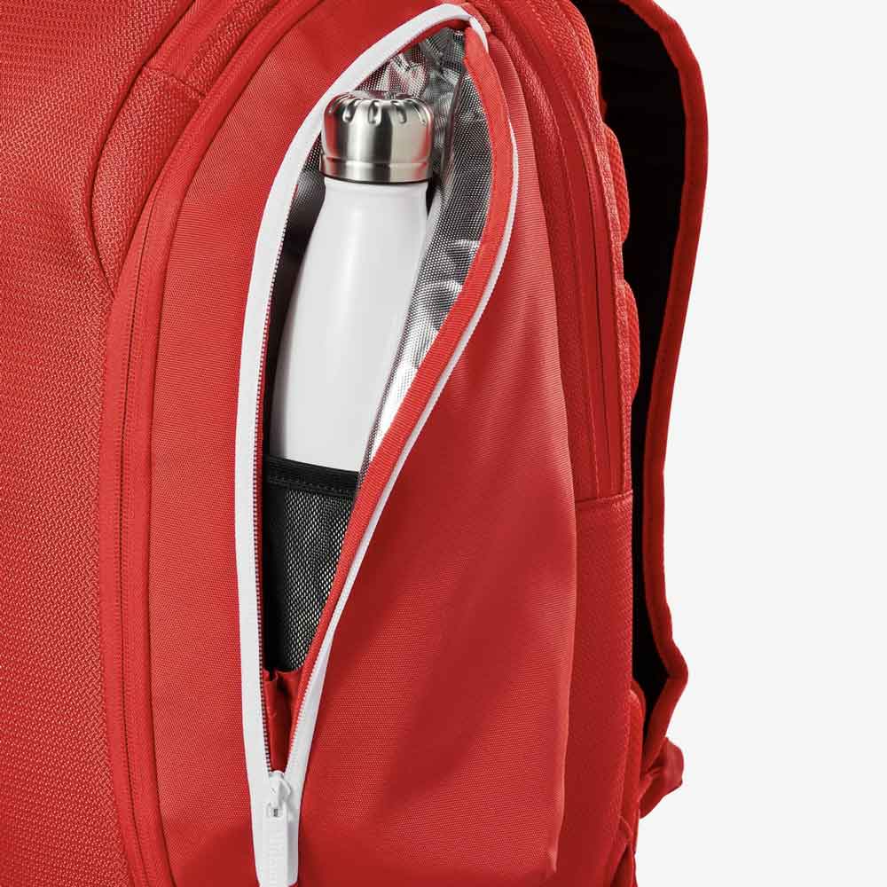 Bolso lateral Thermoguard da mochila Wilson Super Tour aberto.