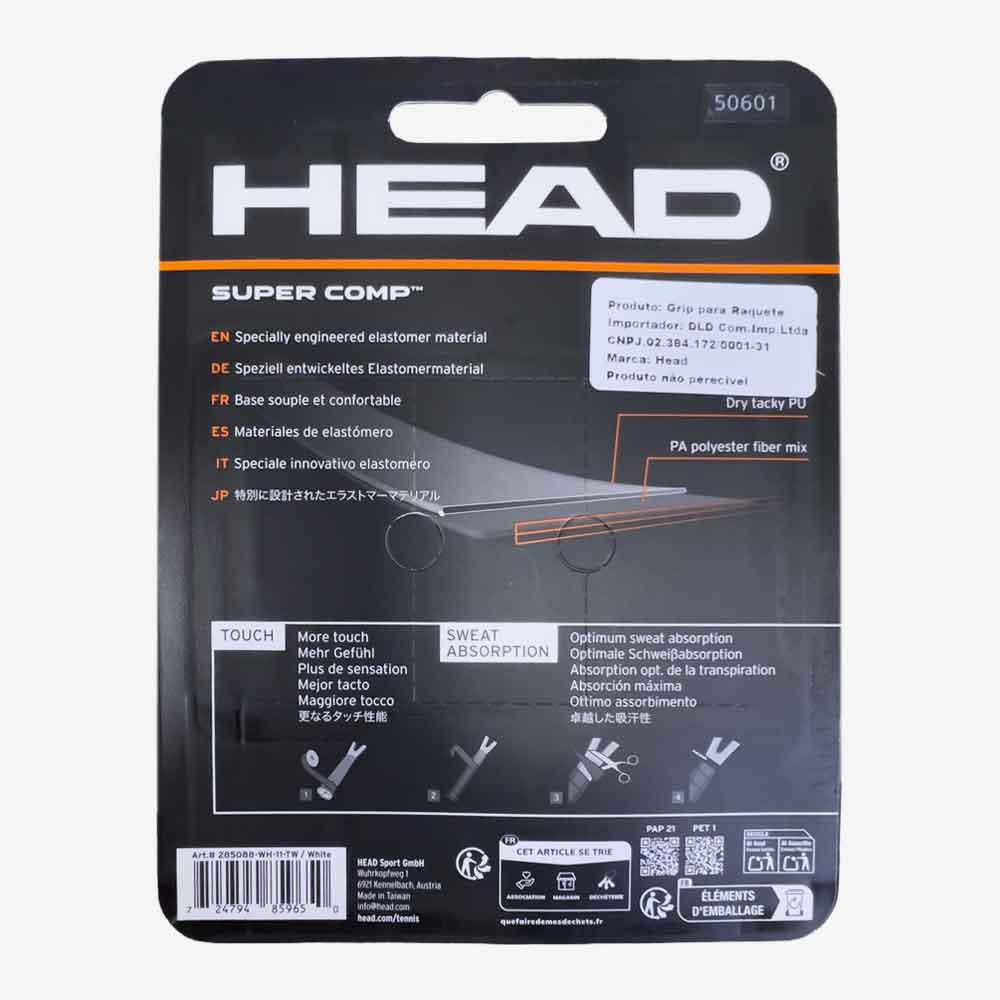 Verso Pack de Overgrip HEAD Super Comp Branco com 3 unidades sobre fundo branco.