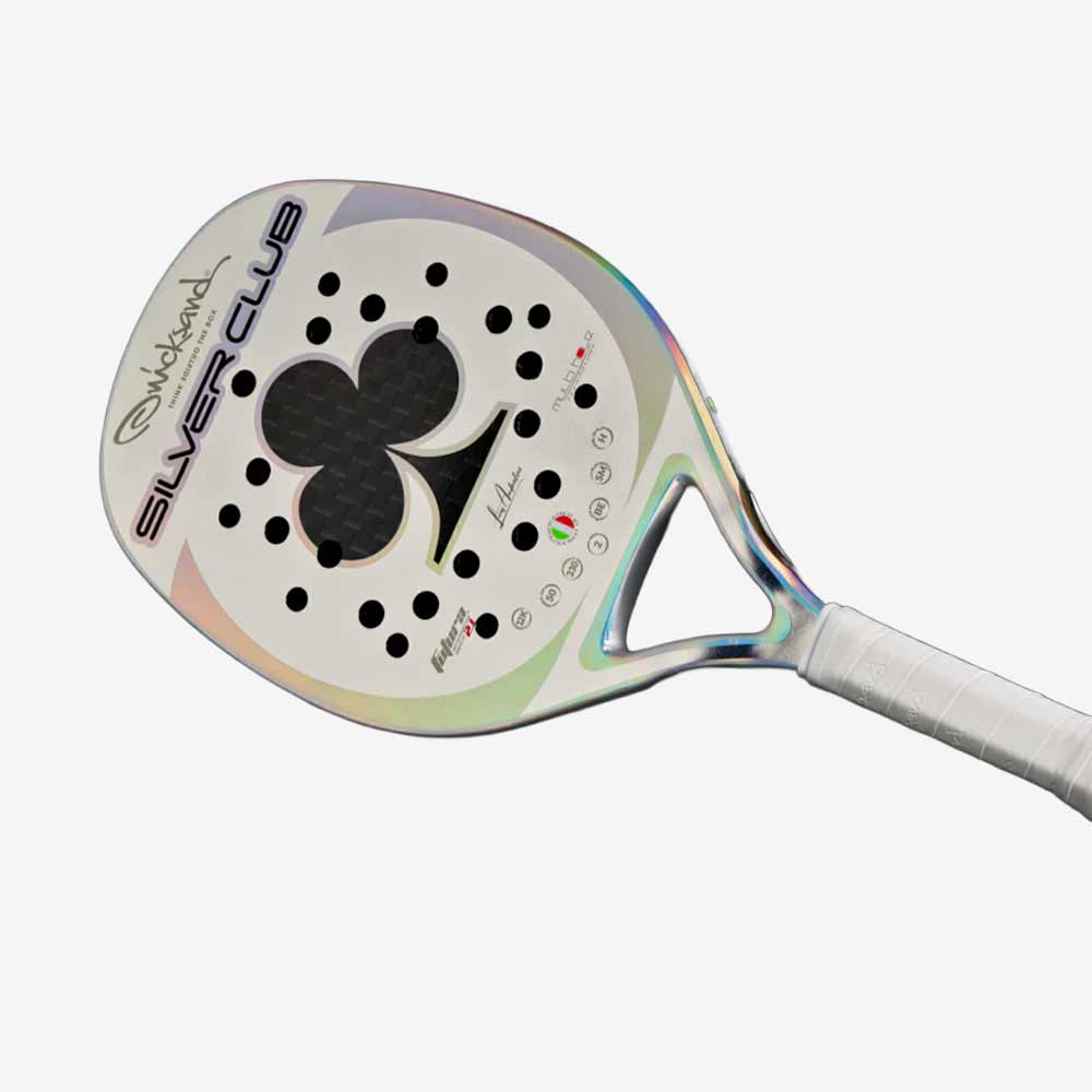 Raquete de Beach Tennis Quicksand Silver Club 2025 Luca Andreolini em Carbono 12K vista frontal.