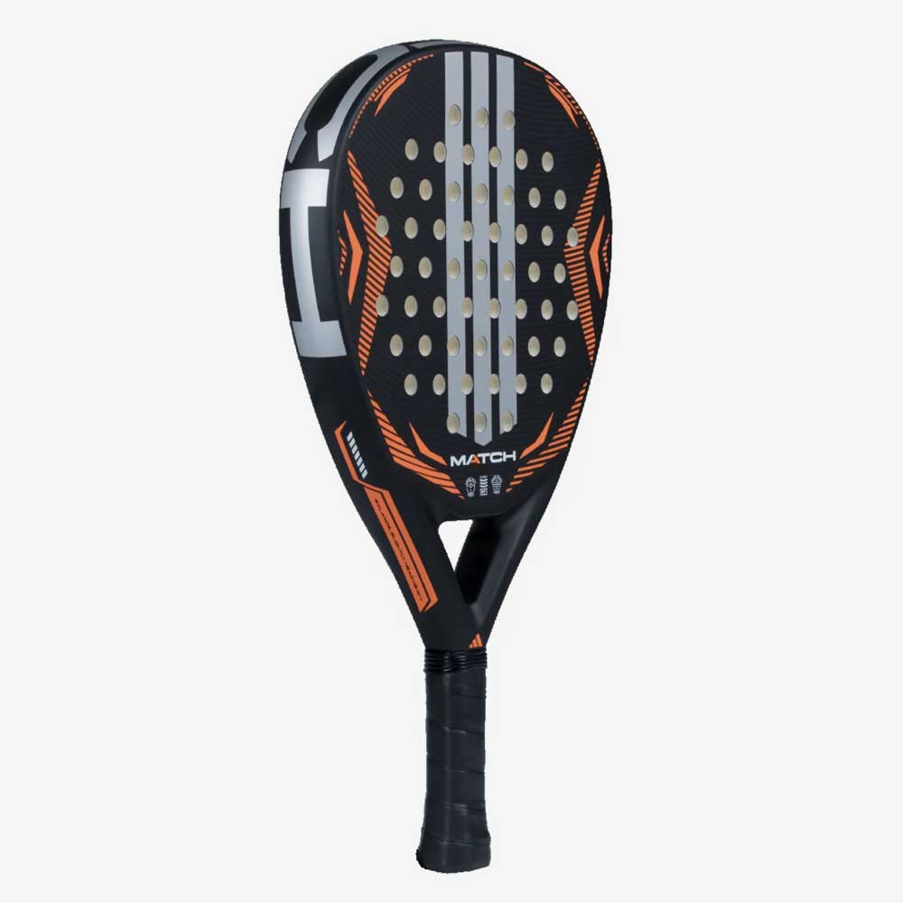 Raquete de Padel Adidas Match Black 2026 preta e laranja em formato Allround para jogadores iniciantes.