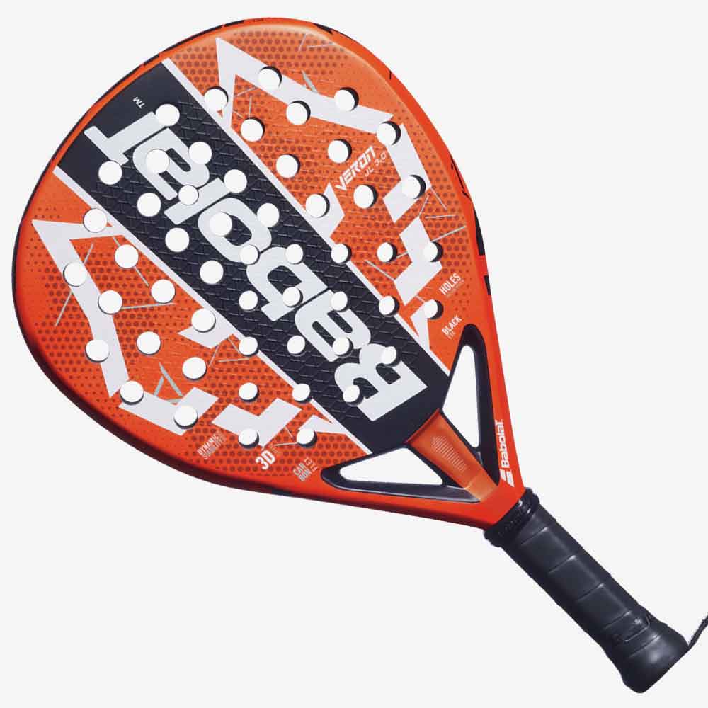 Vista frontal da Raquete de Padel Babolat Veron Juan Lebrón 3.0 com formato diamante em tons de preto e laranja fluorescente.