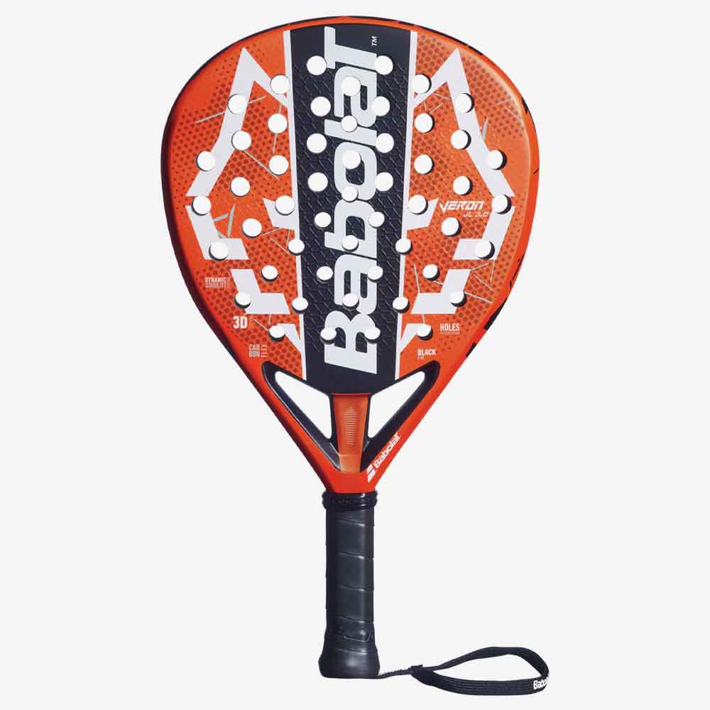 Vista frontal da Raquete de Padel Babolat Veron Juan Lebrón 3.0 com formato diamante em tons de preto e laranja fluorescente.