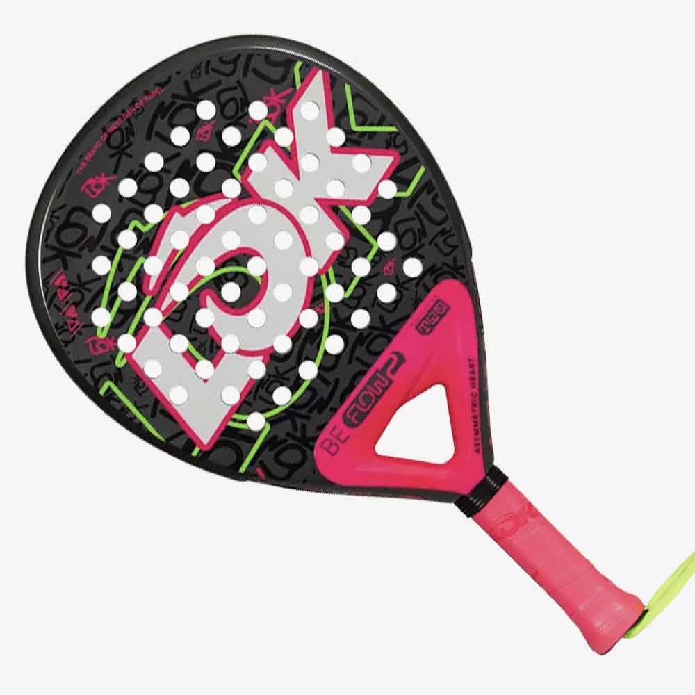 Raquete de Padel LÕK Be Flow 2 – Formato redondo e face em Fiber Glass na cor cinza e rosa.