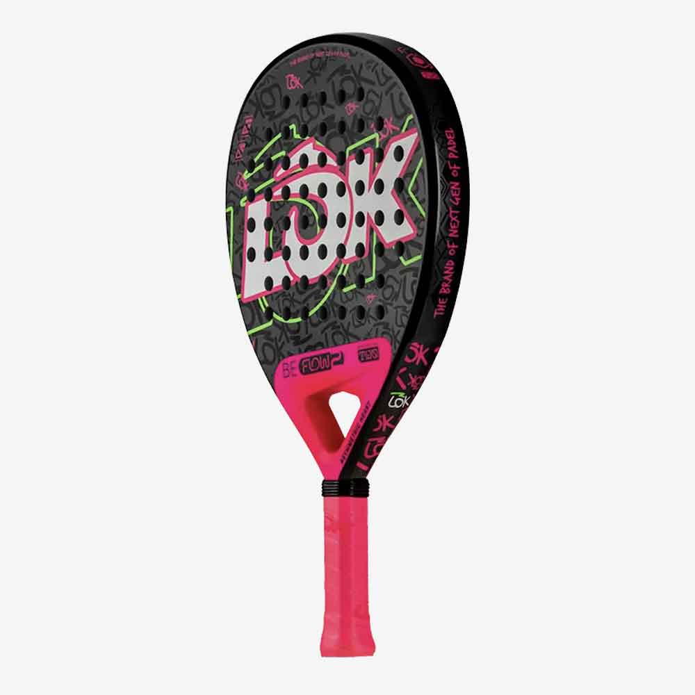 Raquete de Padel LÕK Be Flow 2 – Formato redondo e face em Fiber Glass na cor cinza e rosa. Vista 3/4