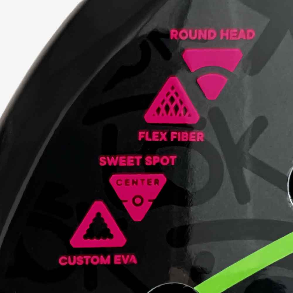 Detalhe das tecnologias empregadas na produção da Raquete de Padel LÕK Be Flow 2 impresso na face.