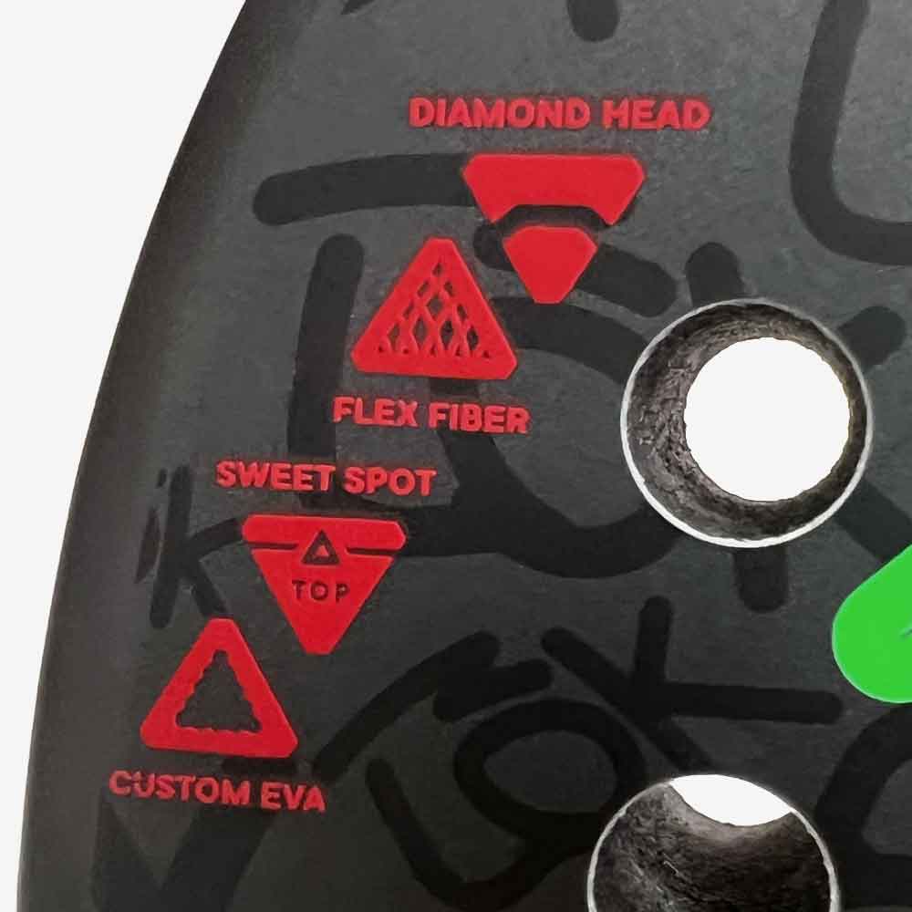 Detalhe das tecnologias empregadas na produção da Raquete de Padel LÕK Be Hype 2 impresso na face.