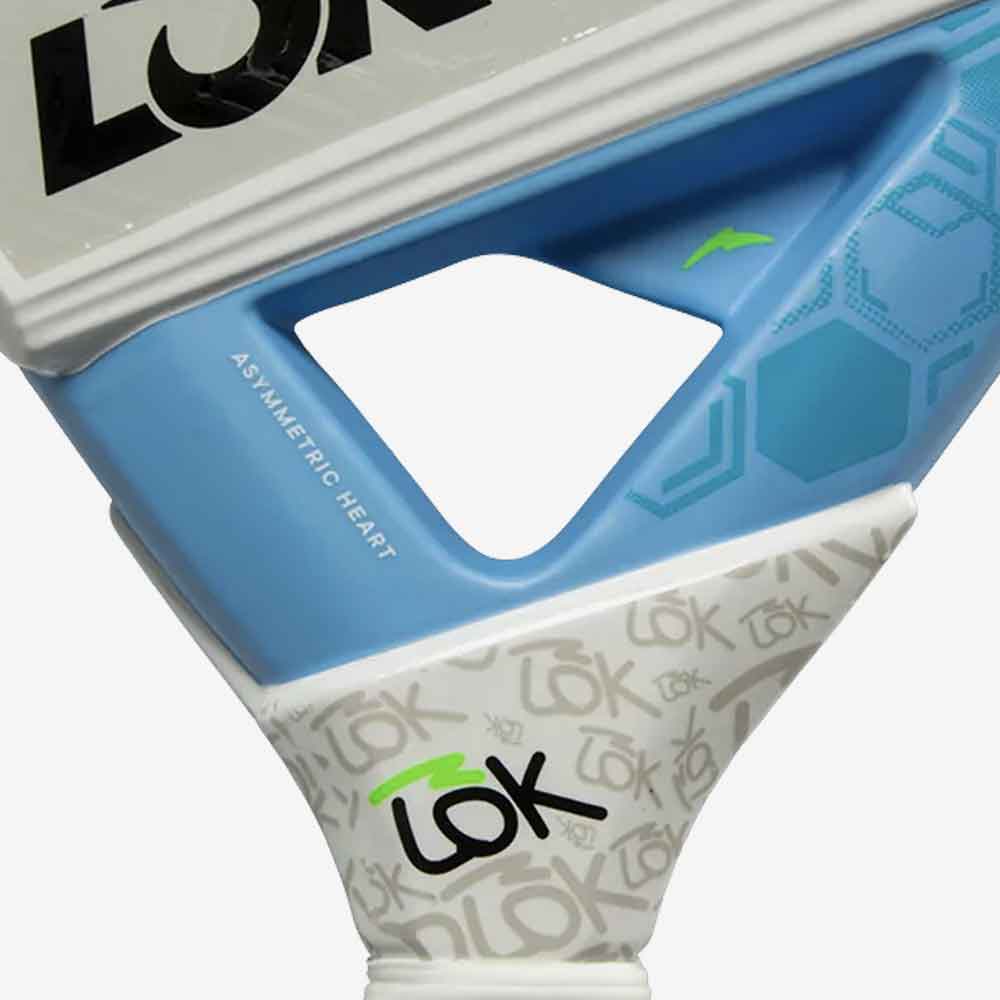 Detalhe do sistema Asymmetric Heart da raquete LÕK Carb-On Hype 2, mostrando a estrutura assimétrica para maior estabilidade.