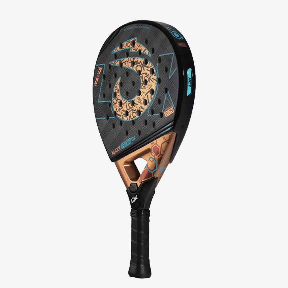 Vista 3/4 do perfil de 38mm da raquete Lõk Maxx Flow 2, mostrando o acabamento reforçado.