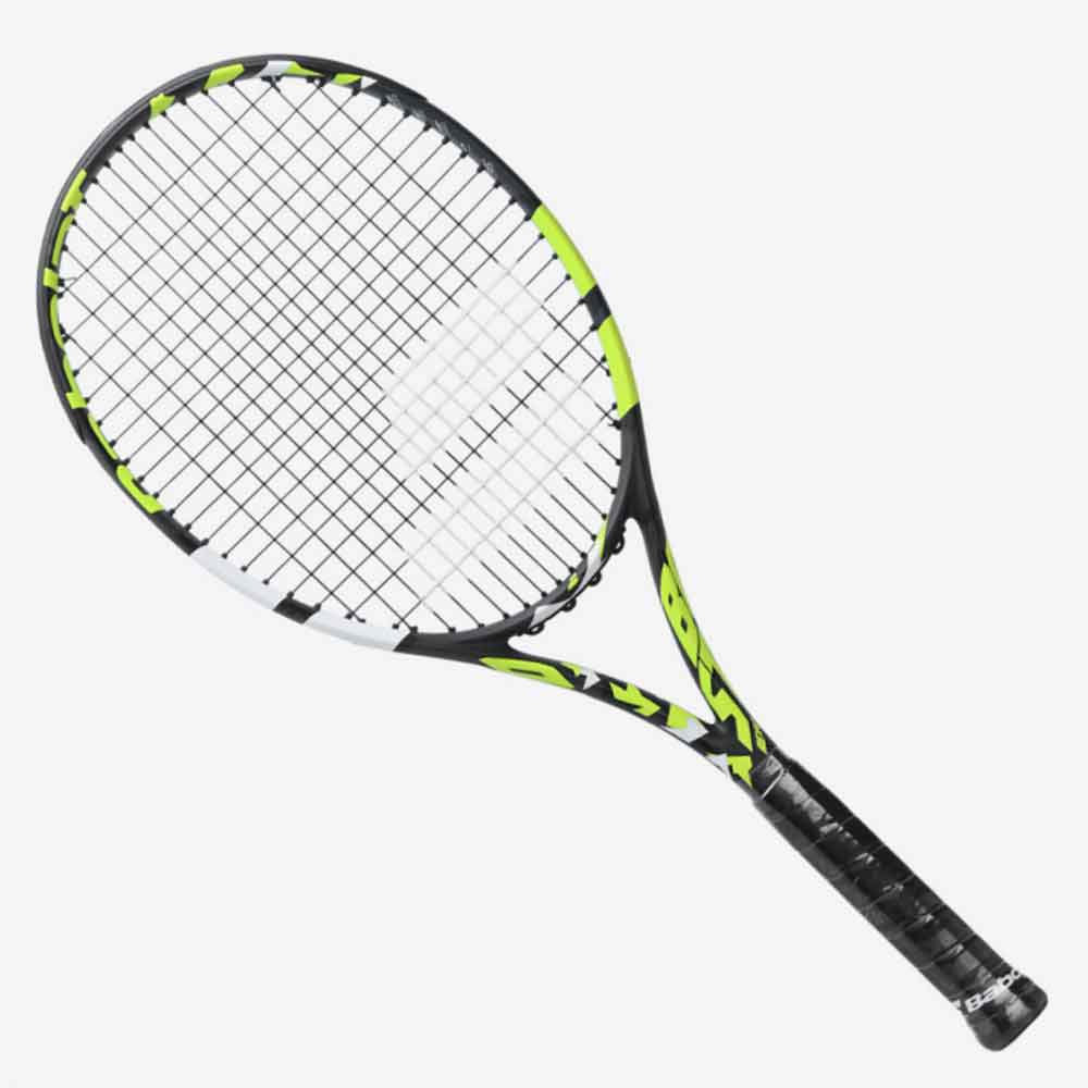Vista frontal da raquete de tênis Babolat BOOST Aero 102 260g modelo 2025 encorcoada.