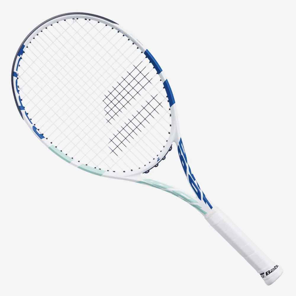 Raquete de tênis Babolat Boost Drive W 105 de 260g nas cores branca, verde e azul, vista de frente.