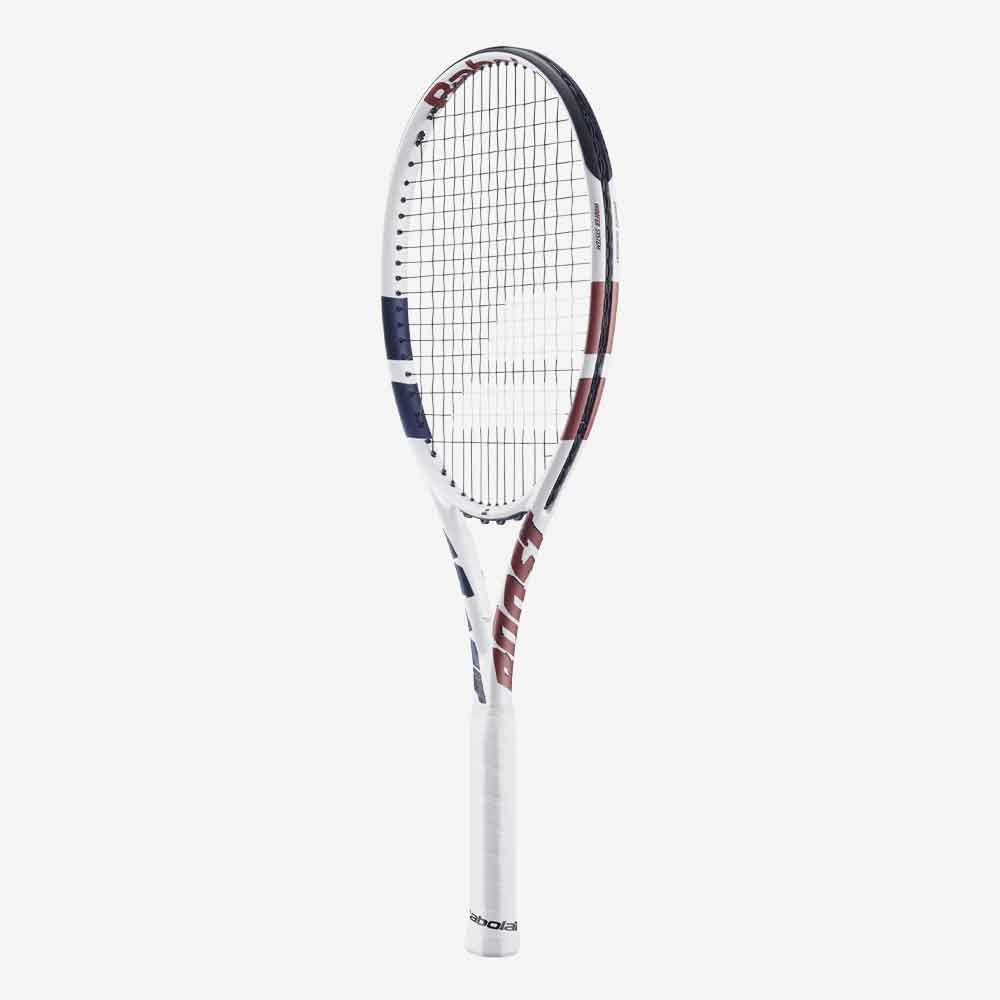 Raquete de tênis Babolat Boost Drive White 105 de 260g, modelo em grafite na cor branca com detalhes em cobre, vista latera 3/4.