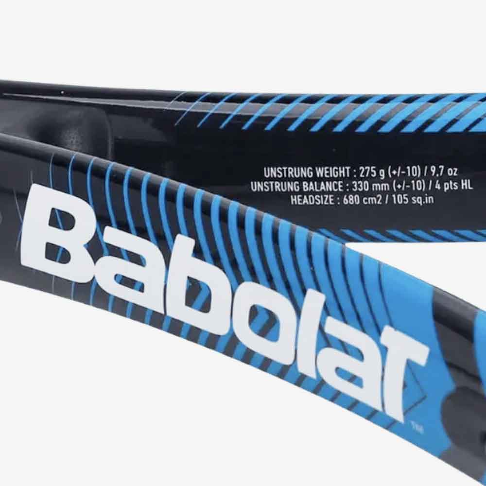 Detalhe lateral interno da Raquete de Tênis Babolat Eagle com características técnicas: como peso, balance e .amanho da cabeça.