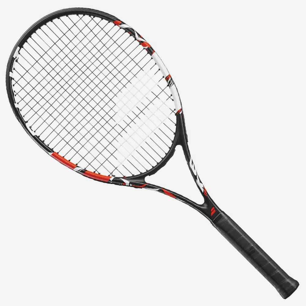 Raquete de tênis Babolat Evoke Tour 105 de 275g encordoada nas cores preta , branca e laranja vista frontal.