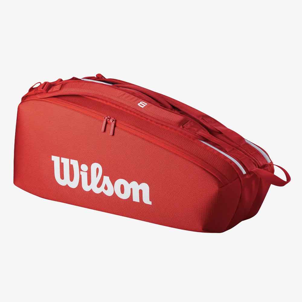 Raqueteira de Tênis Wilson Super Tour 6 Pack vermelha vista de perfil.