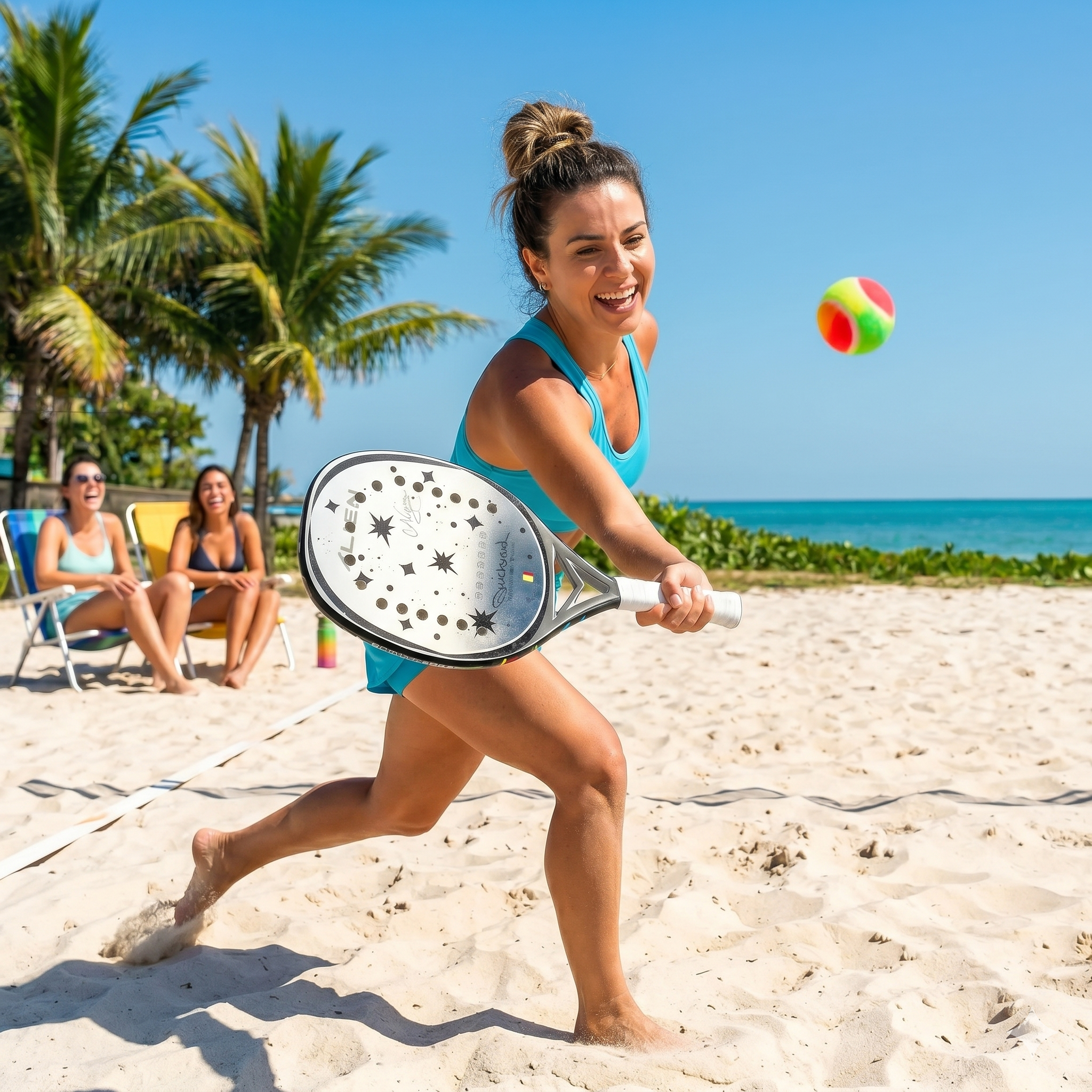 Jogadora golpeando bola em momento de descontração com sua Raquete de Beach Tennis Quicksand Alien 2025.