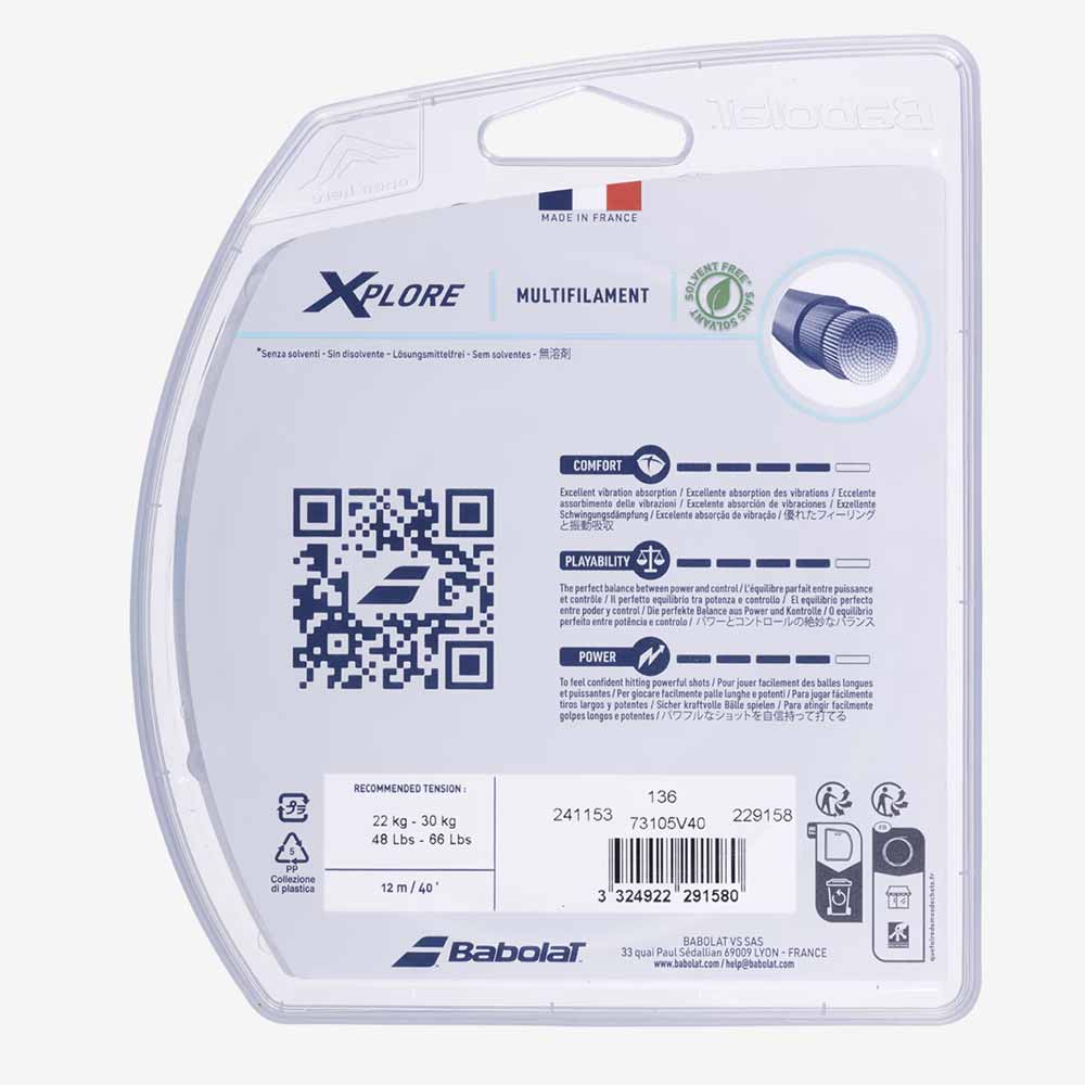 Set individual da corda de tênis Babolat Xplore Comfort 1.30mm em sua embalagem original vista do verso.