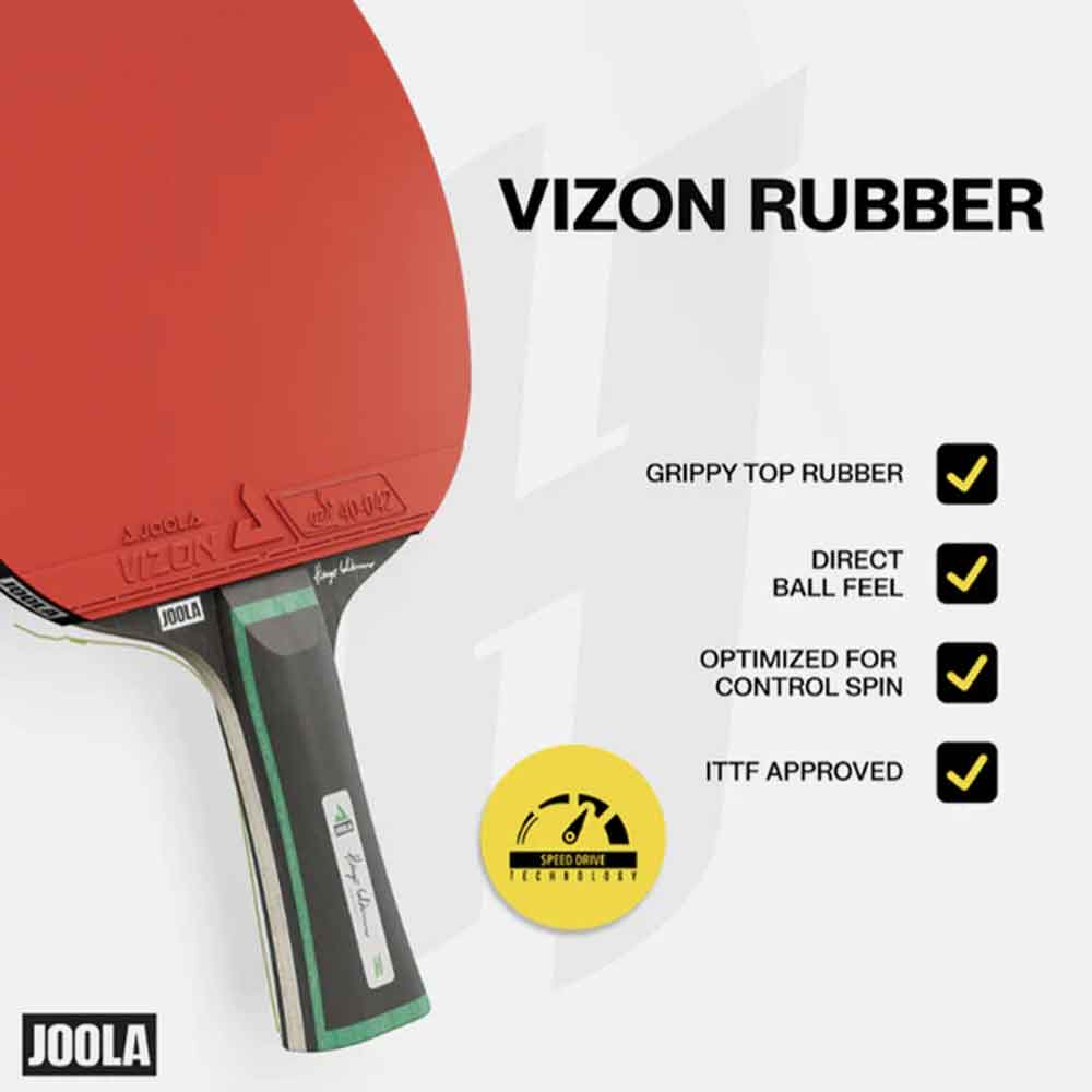 Descrição da borracha Vizon Joola aprovada pela ITTF na raquete Hugo Calderano.