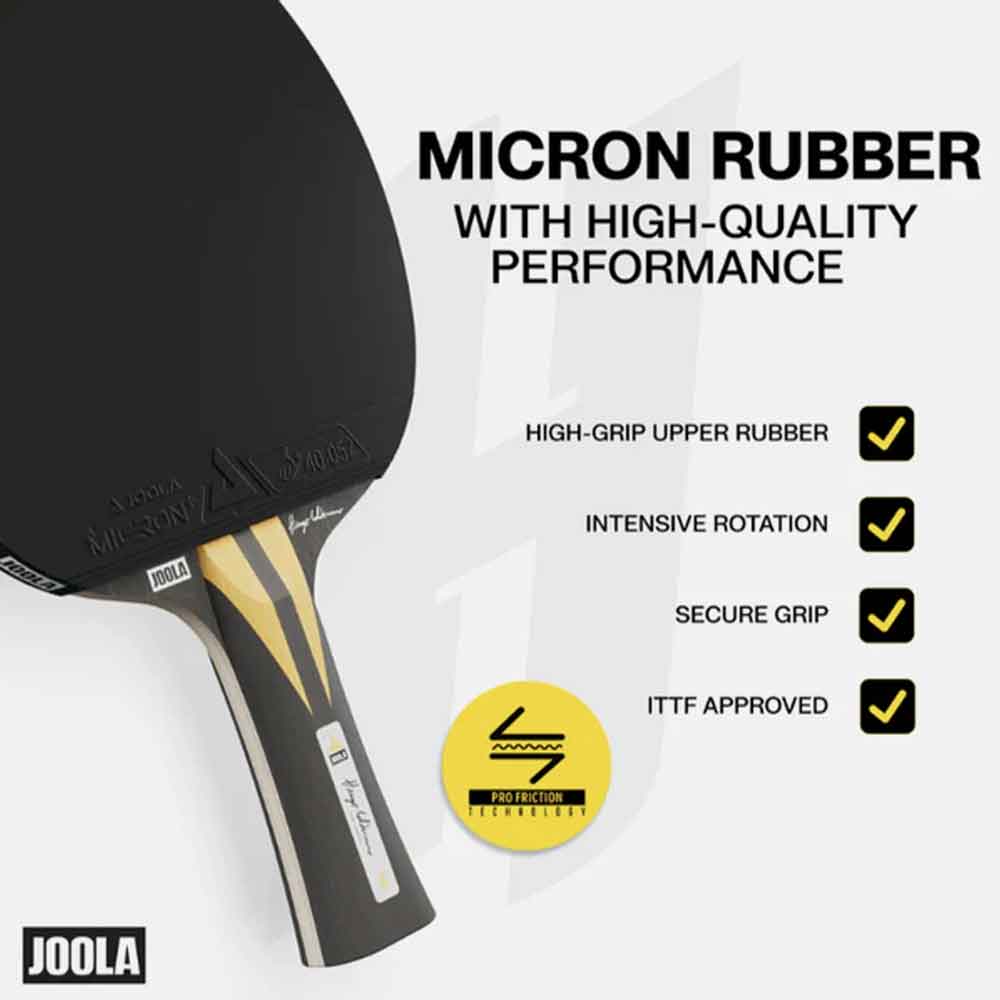 Descrição das características da borracha Micron+ aprovada pela ITTF na raquete Joola Infinity Carbon Hugo Calderano.