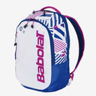 Mochila de tênis Babolat Backpack Kids nas cores azul, branco e rosa com compartimento para raquete.