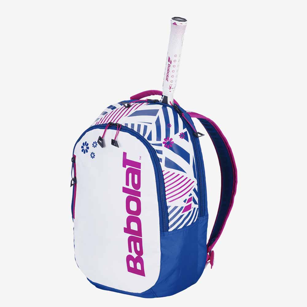 Mochila de tênis Babolat Backpack Kids nas cores azul, branco e rosa com raquete para visualização do conjunto.
