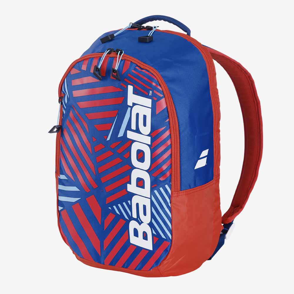 Mochila de tênis Babolat Backpack Kids nas cores vermelho, azul e branco, design geométrico com compartimento para raquete.