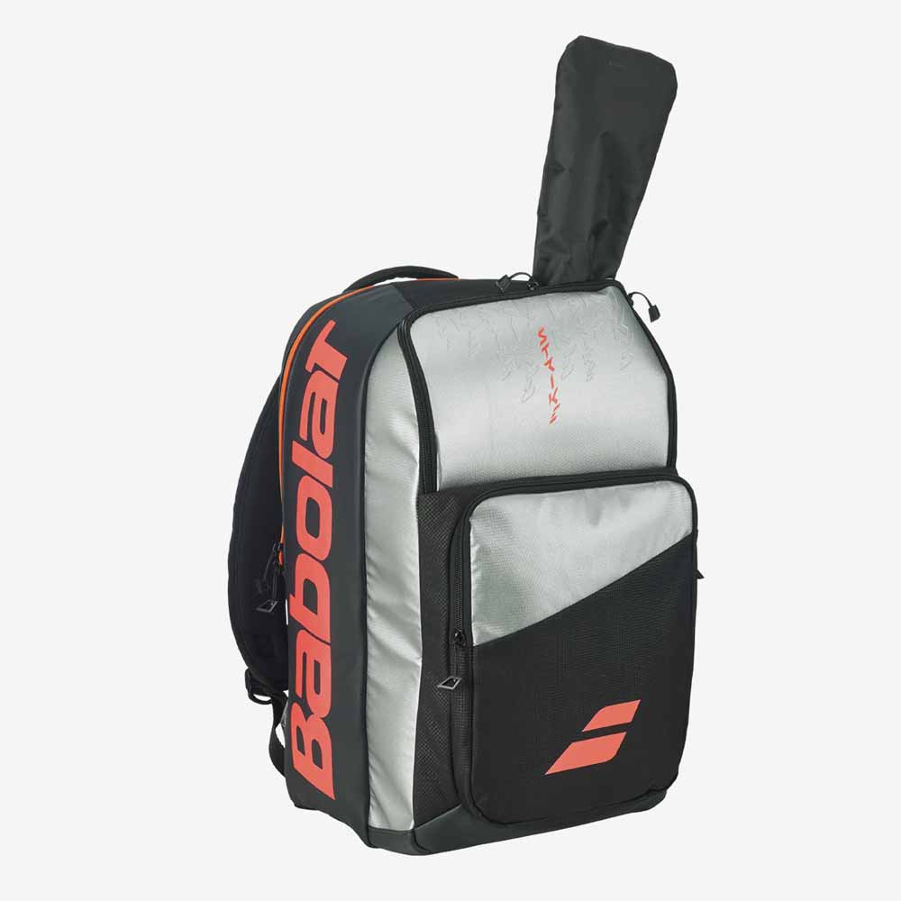 mochila-babolat-backpack-pure-strike-carbon-grey-frente-com-raquetes-acondicionadas