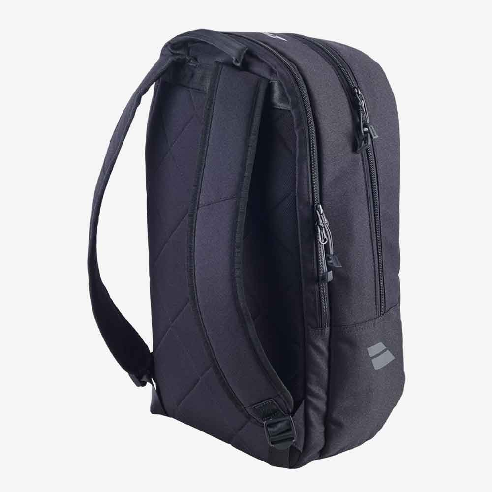 Vista traseira da Mochila Babolat Court Backpack Lite na cor preta e cinza com alças de transporte destacadas.