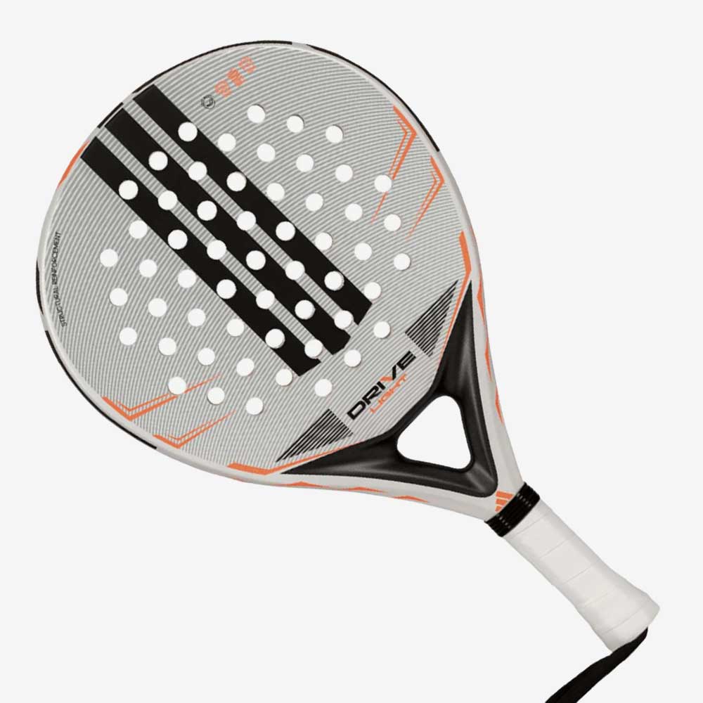 Visão frontal da raquete de padel Adidas Drive Light 2026 branca e laranja.