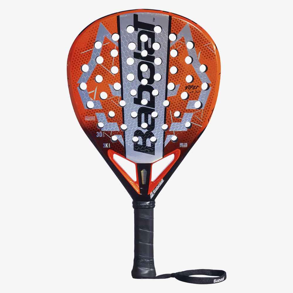 Visão frontal da Raquete de padel Babolat Viper Juan Lebrón 3.0 com formato diamante e acabamento em carbono texturizado nas cores laranja e prata.