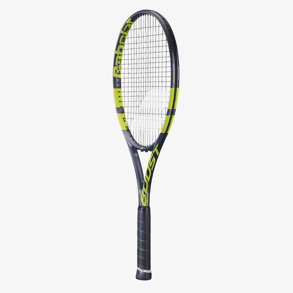 Raquete de Tênis Babolat Boost Aero 102 260g cor verde Cítrico vista lateral 3/4.