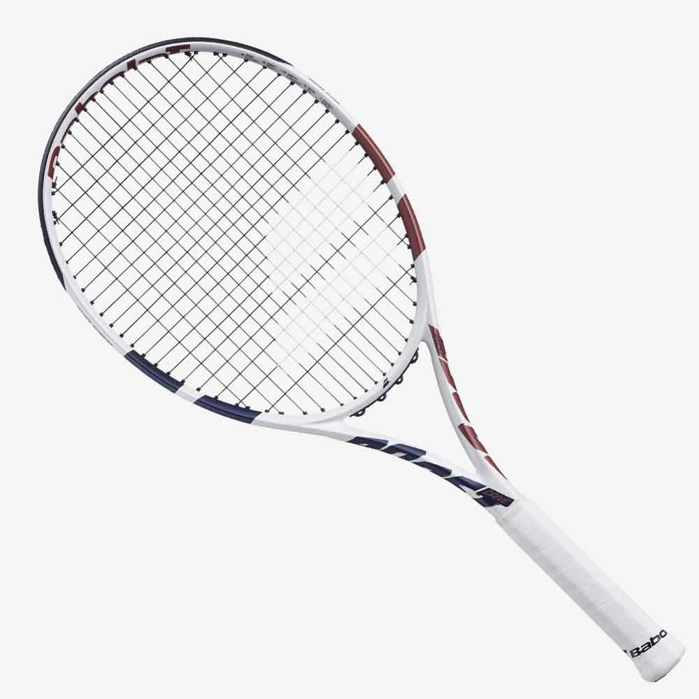Raquete de tênis Babolat Boost Drive White 105 de 260g, modelo em grafite na cor branca com detalhes em cobre, vista frontal.