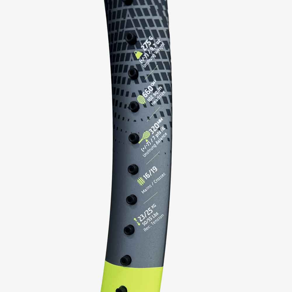 Detalhe impresso das especificações técnicas da Raquete de Tênis Babolat EVO Aero GEN 2 102 grafite e verde cítrico.
