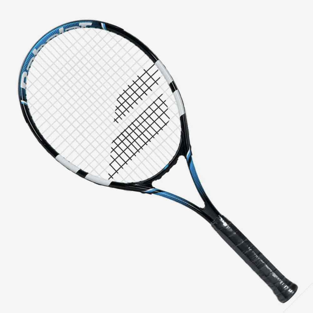 Visão frontal da Raquete de Tênis Babolat Eagle preta e azul encordoada.