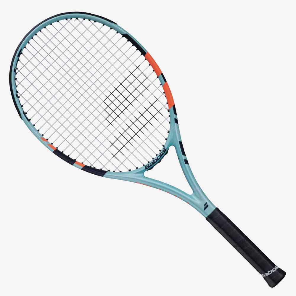 Visão frontal da Raquete de Tênis Babolat Rival 102 preta, laranja e tiffany.