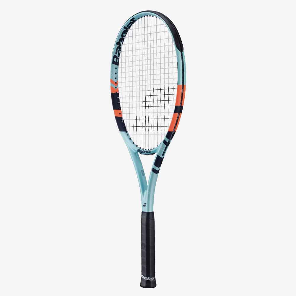 Visão lateral 3/4 da Raquete de Tênis Babolat Rival 102 preta, laranja e tiffany.