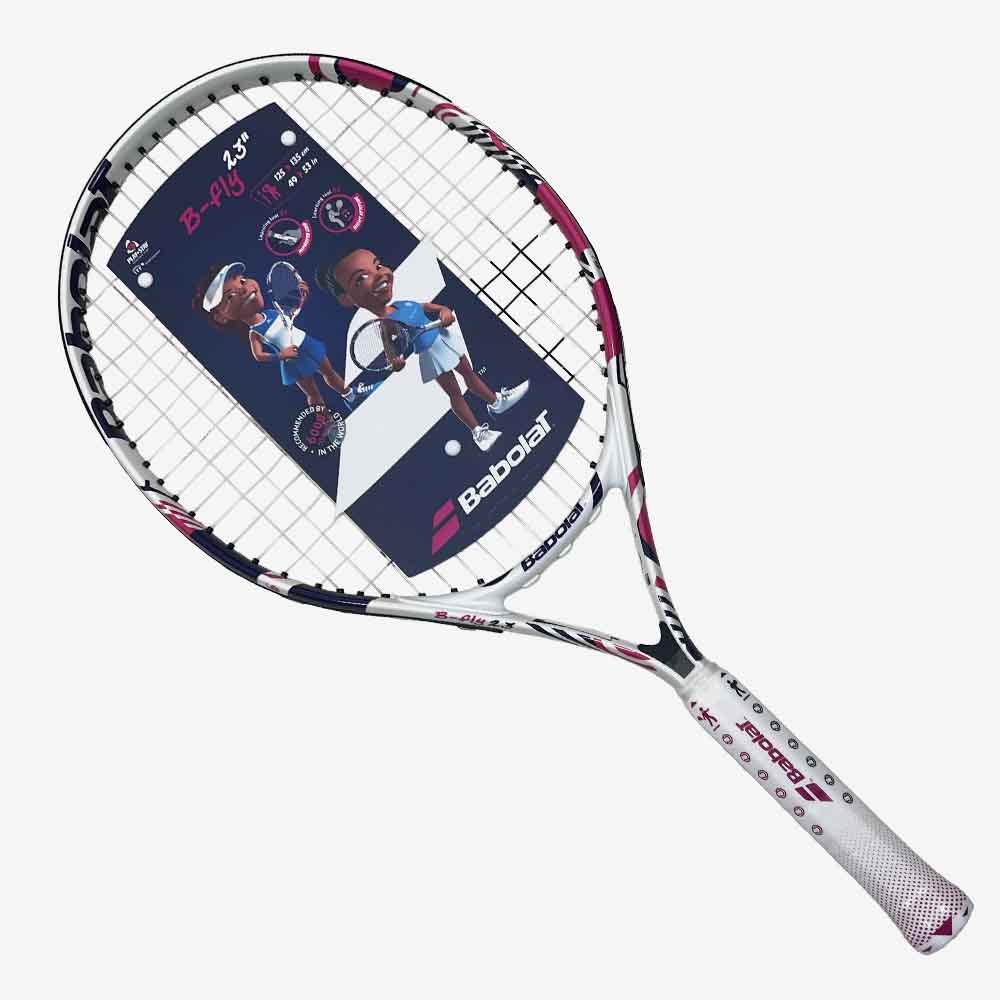 Raquete de tênis infantil Babolat B-Fly 23 em cores rosa, roxo e branco, vista frontal
