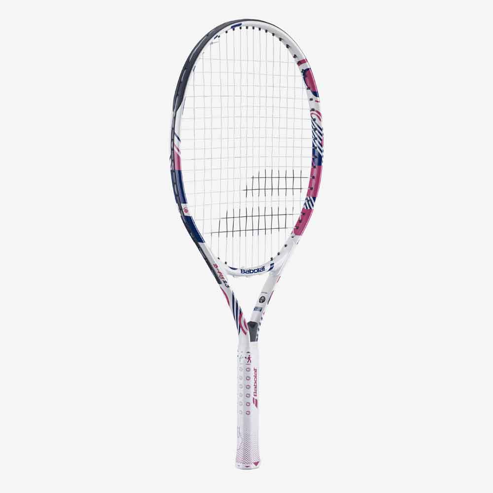 Raquete de tênis infantil Babolat B-Fly 23 em cores rosa, roxo e branco, vista lateral 3/4