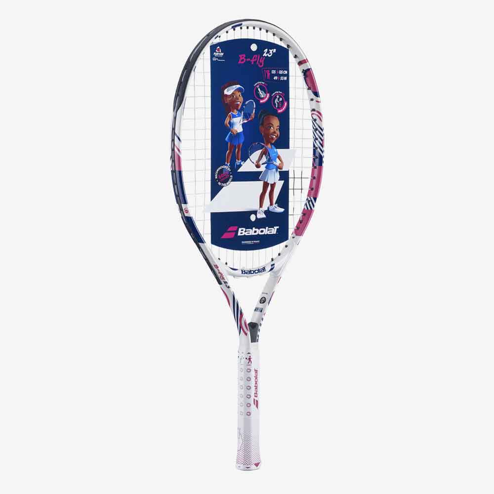 Raquete de tênis infantil Babolat B-Fly 23 em cores rosa, roxo e branco, vista lateral 3/4.
