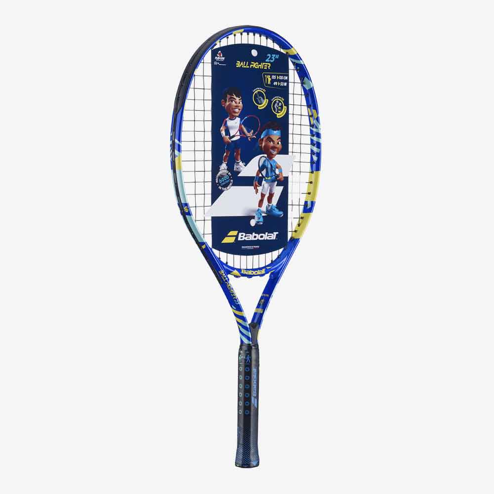 Raquete de tênis infantil Babolat Ballfighter 23 azul e amarela em ângulo lateral 3/4.