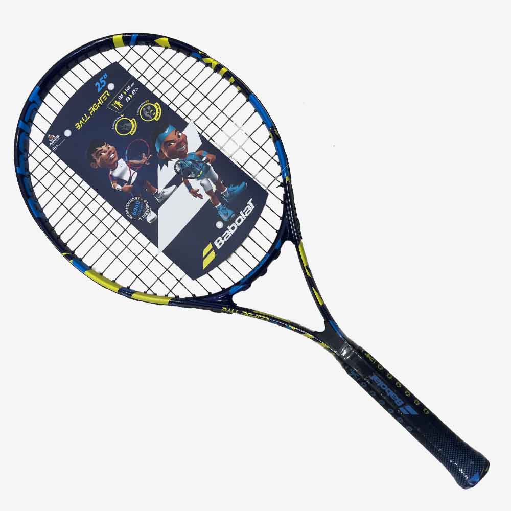 Raquete de tênis infantil Babolat Ballfighter 25 nas cores azul e amarelo vista de frente.