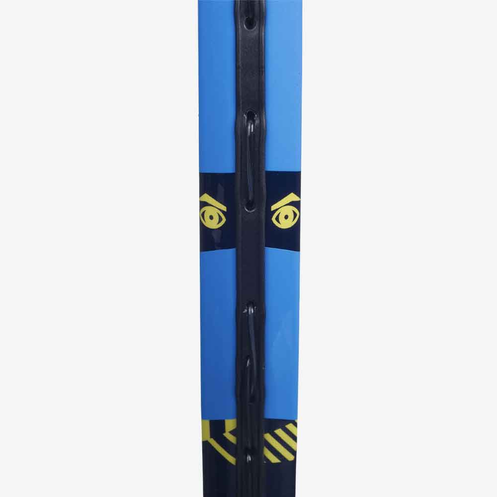 Detalhe do perfil da Raquete de tênis infantil Babolat Ballfighter 25 nas cores azul e amarelo vista de frente.