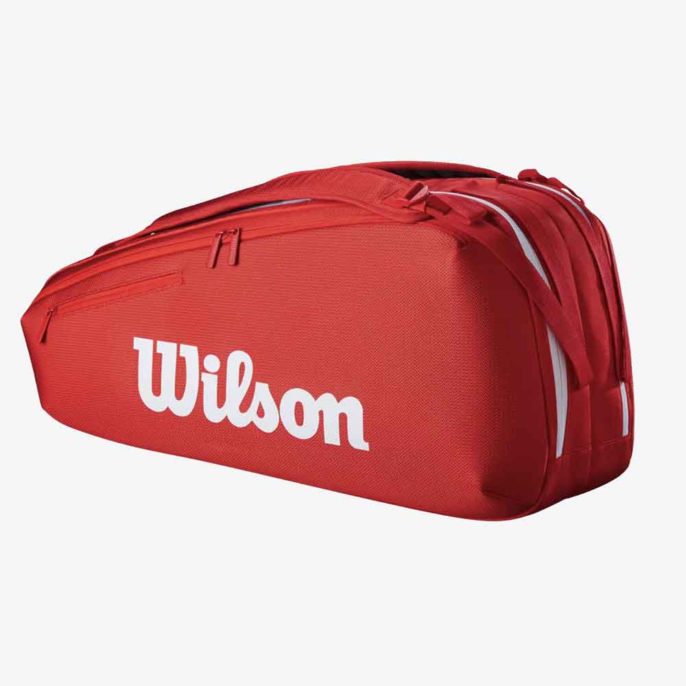 Verso da Raqueteira de Tênis Wilson Super Tour 6 Pack vermelha vista de perfil.