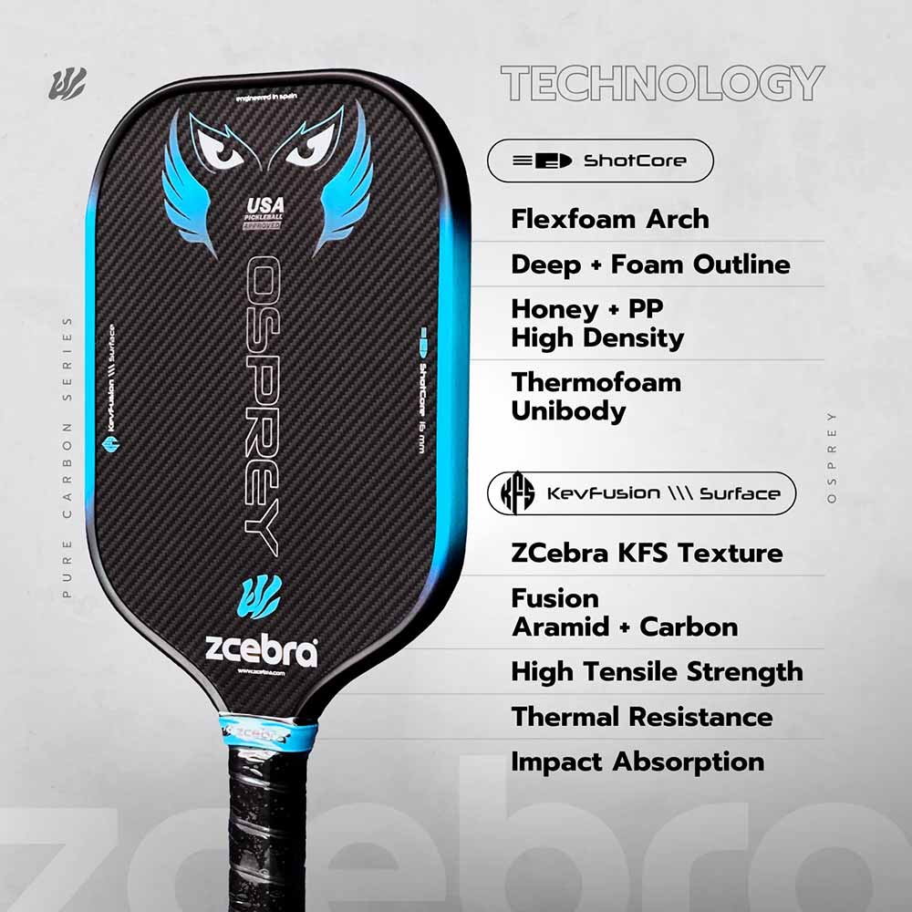 Raquete de Pickleball Zcebra Osprey ShotCore 16mm KevFusion